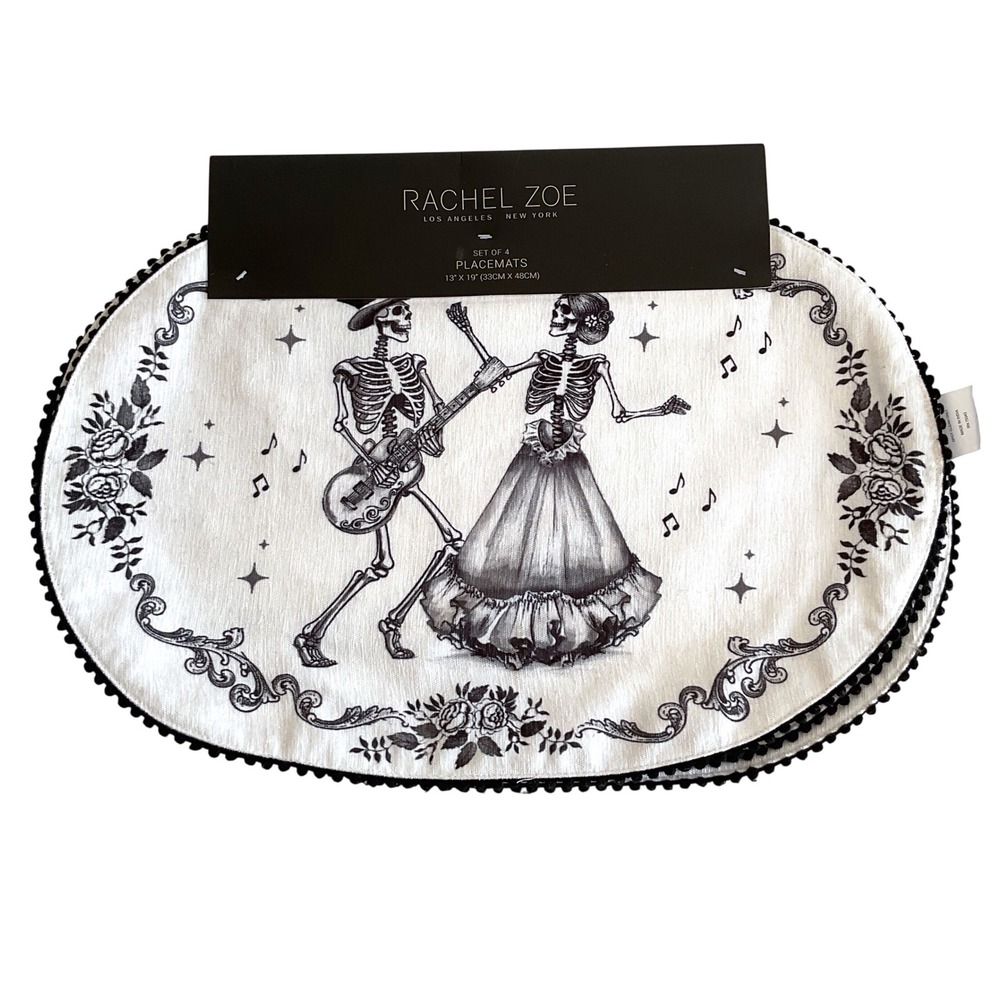 Rachel Zoe Set of 4 Day of the Dead Placemats White Black Pom Pom Oval 13x19